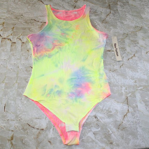 NEW FASHION Bodysuit One Piece Pink Yellow Tie Dye Boho Yoga Workout L/XL - Picture 2 of 7